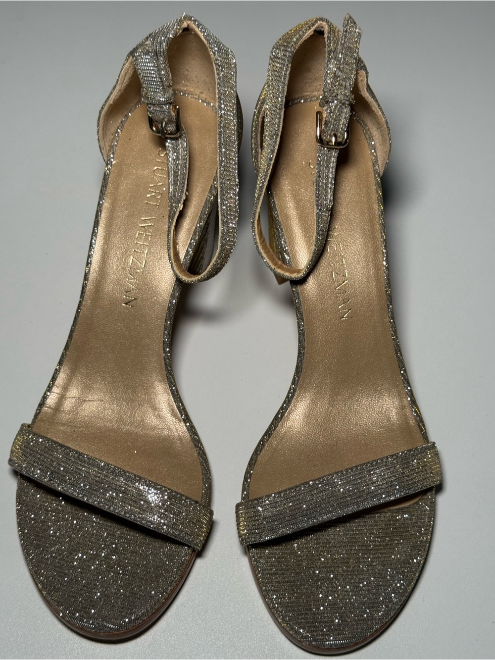 Stuart Weitzman Glittery Gold Ankle-Strap Heels